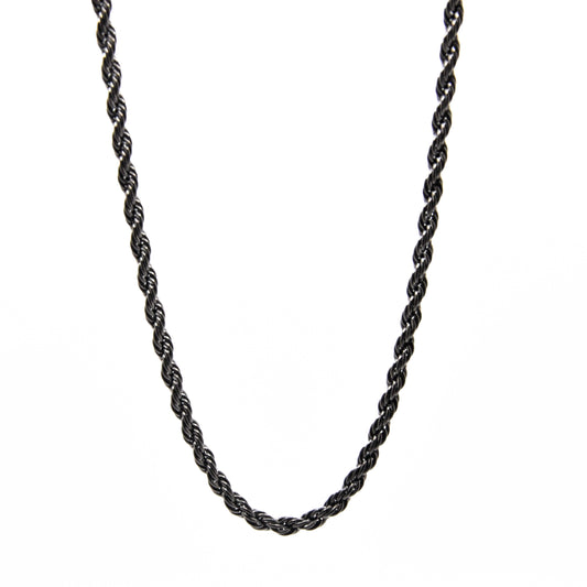 A mens black rope chain necklace with a length of 45cm and a width of 3mm, displayed against a white background.