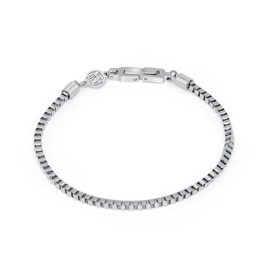 A silver box chain bracelet with a clasp closure on white background