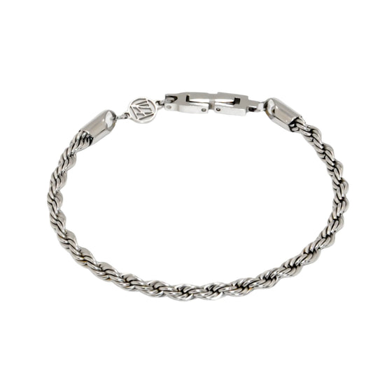 A silver rope chain bracelet with a clasp closure.