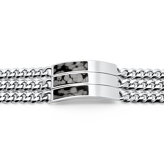 three snowflake obsidian bracelets lined up on white background