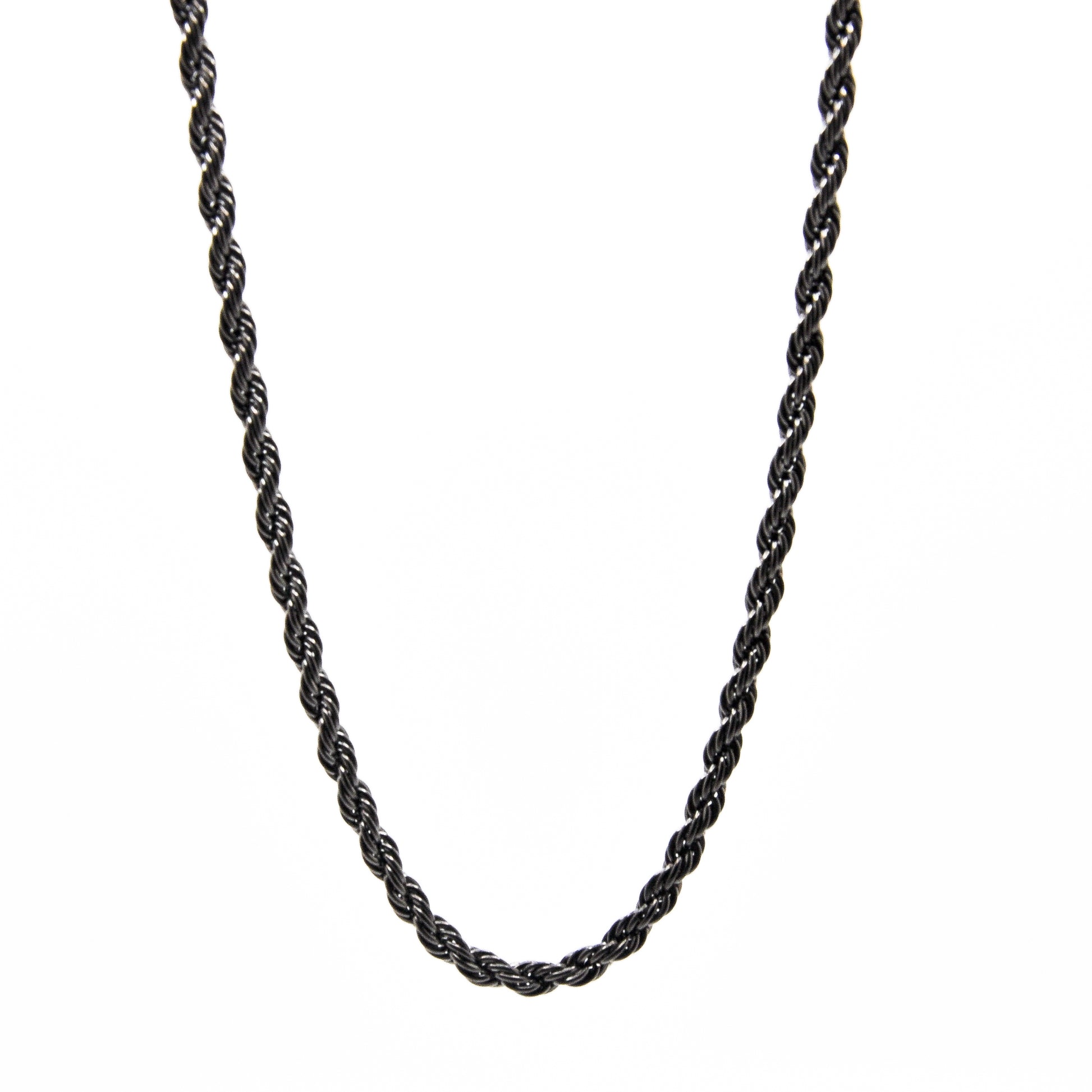 A mens black rope chain necklace with a length of 45cm and a width of 3mm, displayed against a white background.