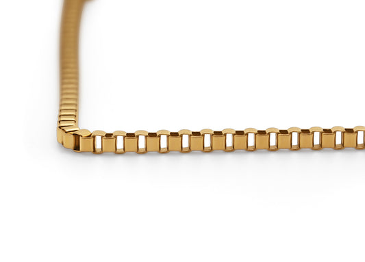 Gold box chain, white background up close 