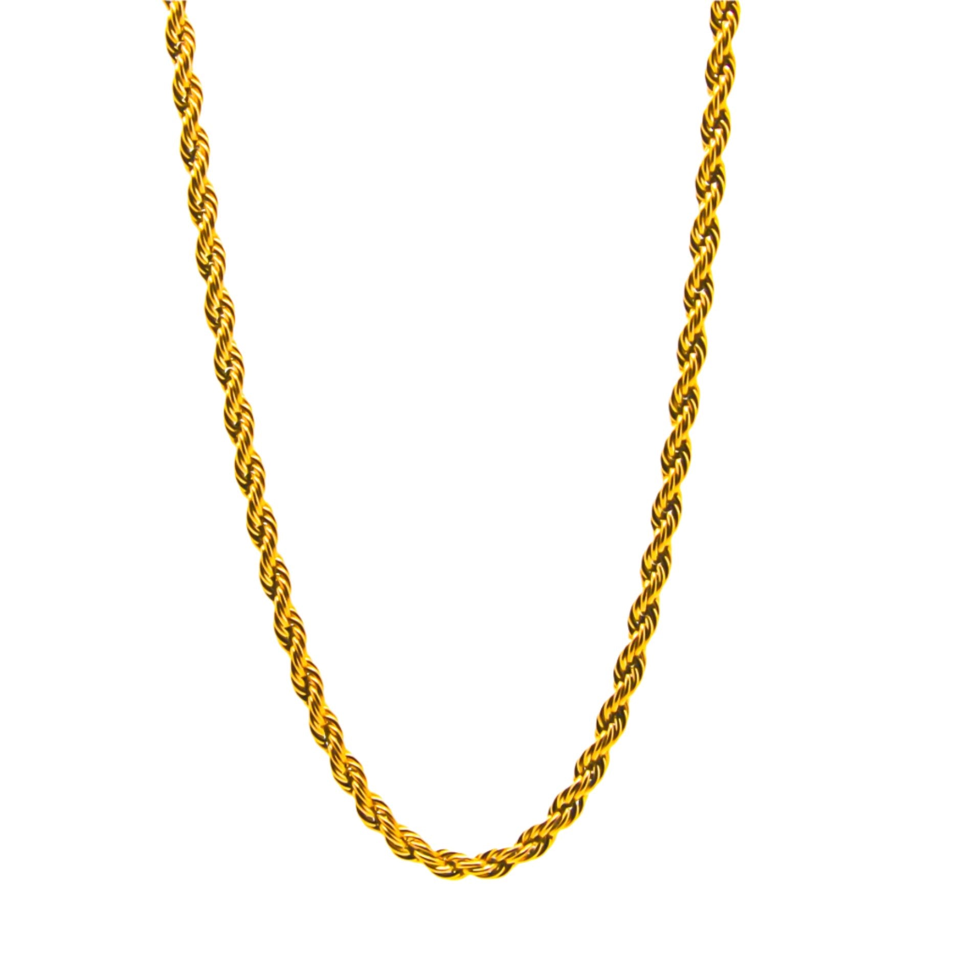 A gold rope chain necklace laid out on a plain background.