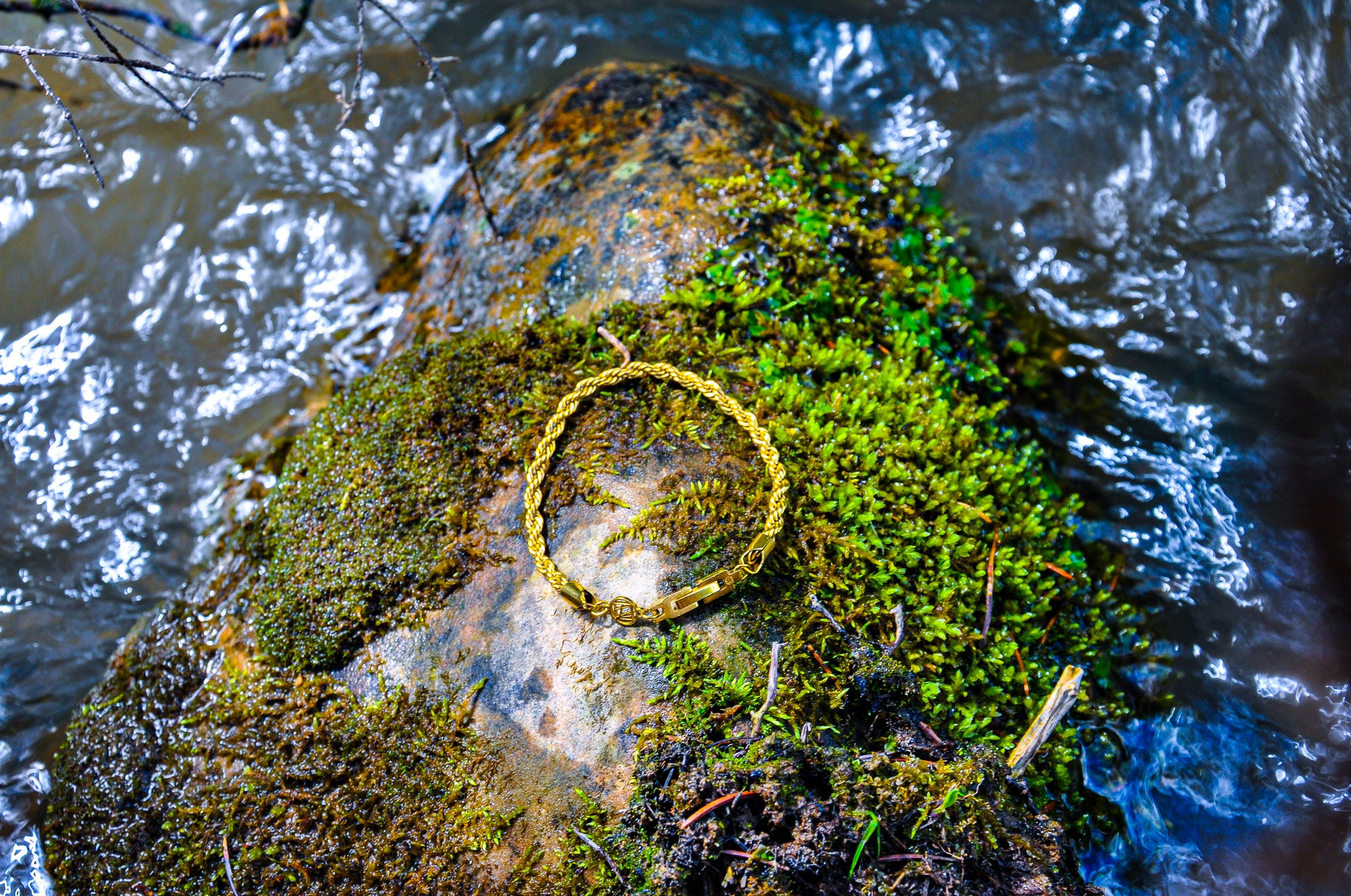 Gold Rope Chain Bracelet on rock with green moss