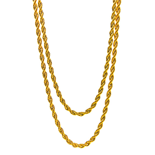 two gold rope chain necklaces on white background 