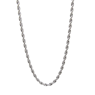 Silver rope chain necklace on white background