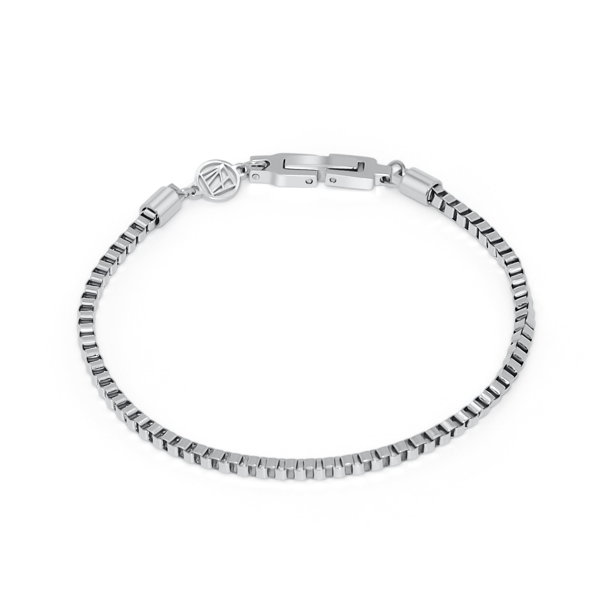 A silver box chain bracelet with a clasp closure on white background