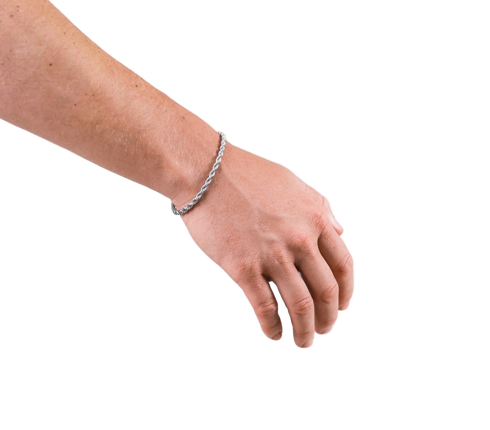 Hand wearing a silver bracelet on a white background