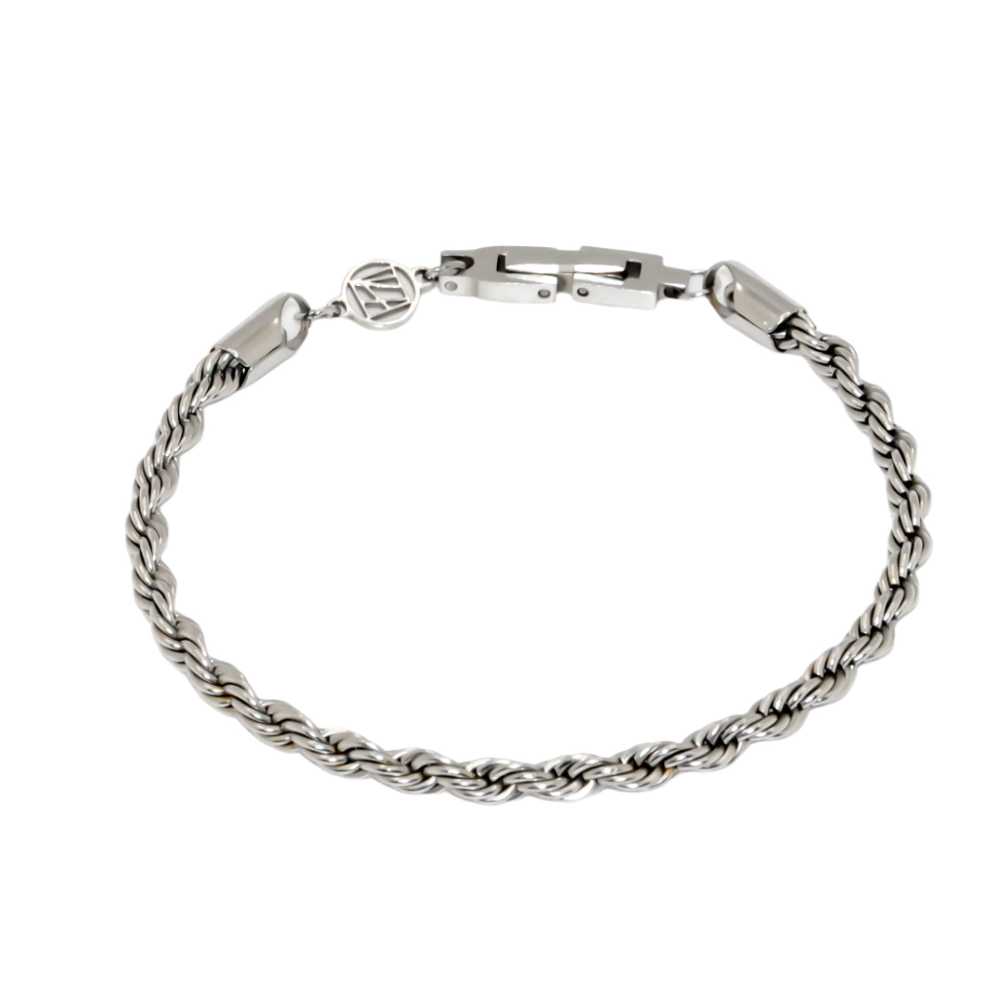 A silver rope chain bracelet with a clasp closure.