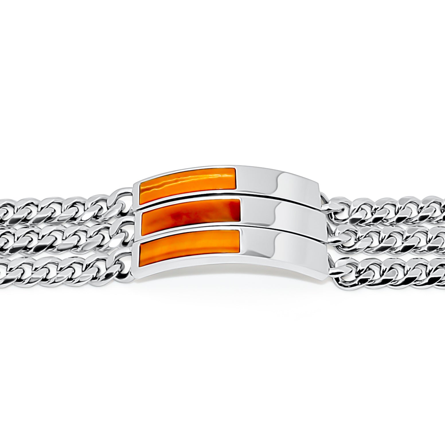 three silver bracelets with tiger eye stone on white background 