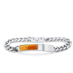 A bracelet with a tiger eye stone accent, featuring a stainless steel base and a clasp, on a white background.