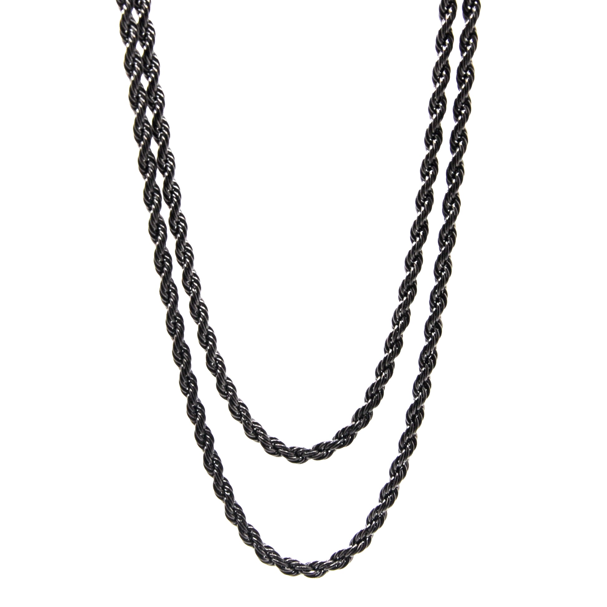 two mens black rope chain necklaces hanging different lengths with a width of 3mm, displayed against a white background.