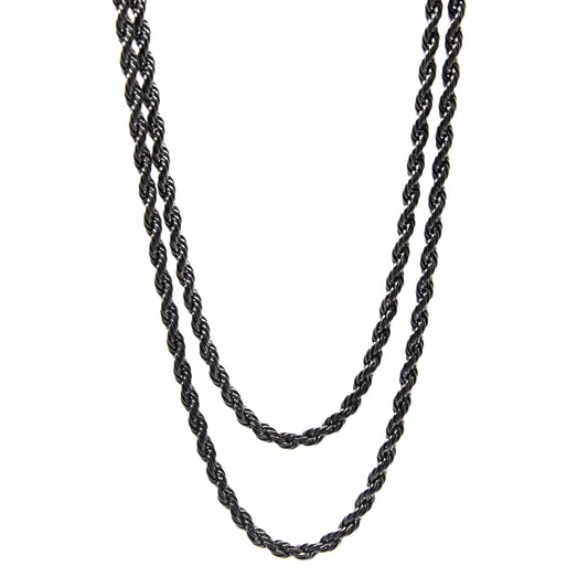 two mens black rope chain necklaces hanging different lengths with a width of 3mm, displayed against a white background.