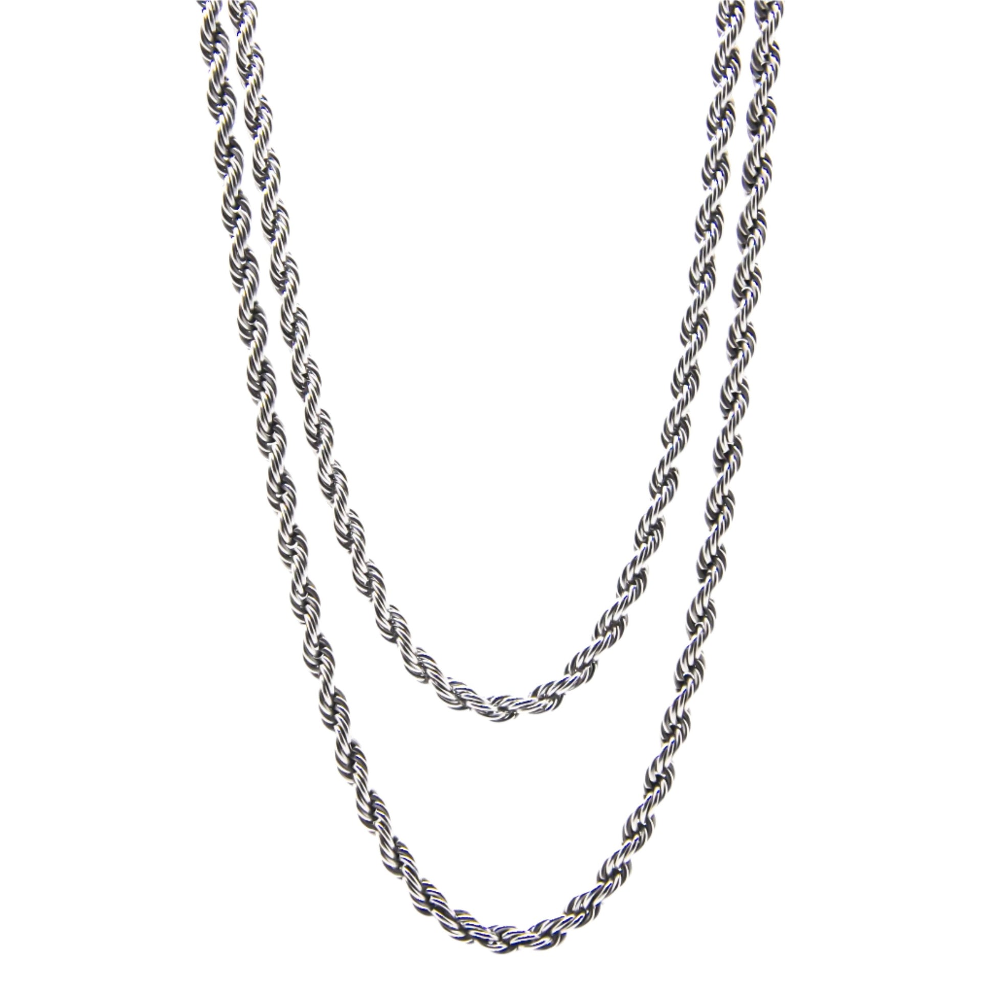 two silver rope chain necklaces on white background to compare length