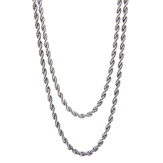 two silver rope chain necklaces on white background to compare length
